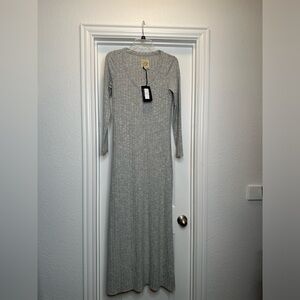 Chaser Poor Boy Rib Long Sleeve‎ side slit gray Henley maxi dress sz Small